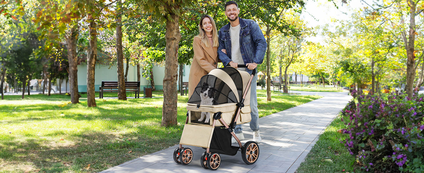 YITAHOME Buggy для собак та котів, складний, до 22 кг, з обертовим ручками, сітковими вікнами, тримачем для напоїв, EVA-колеса з гальмом (Бежевий)