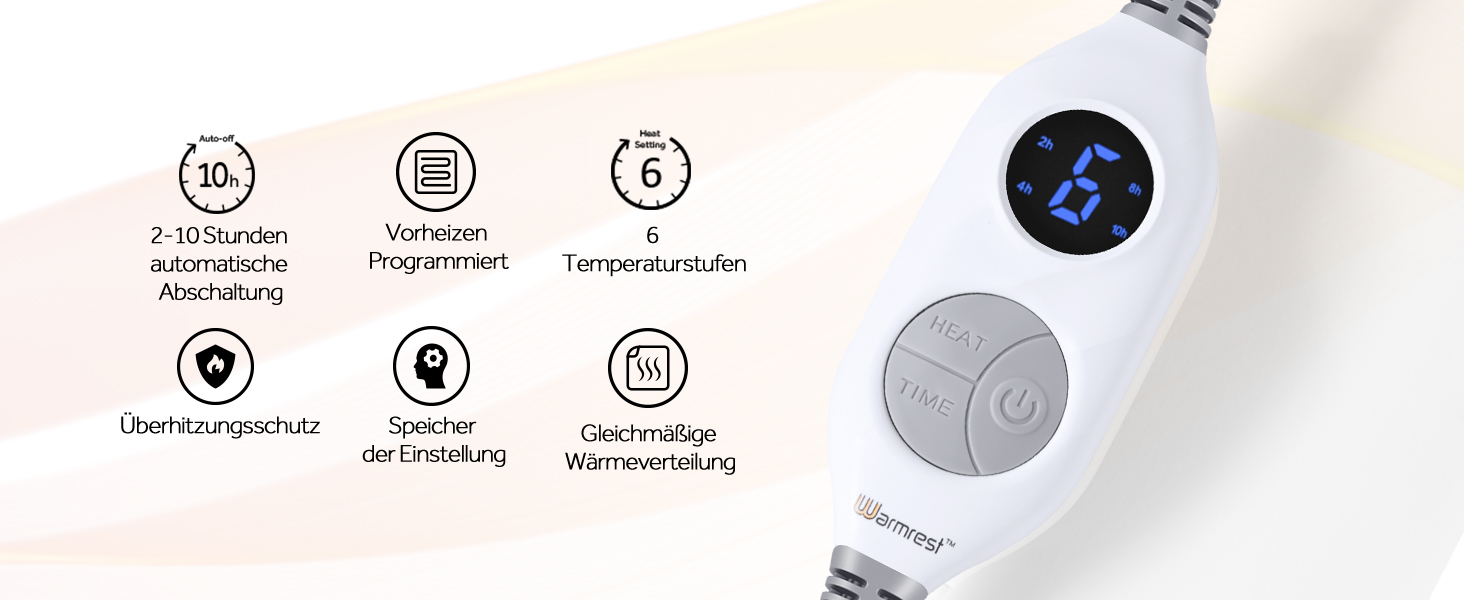 Електрична ковдра Warmrest з фланелі, 130x180 см, 6 температурних режимів, таймер 1-10 годин, автовимкнення та захист від перегріву, можна прати, бежева