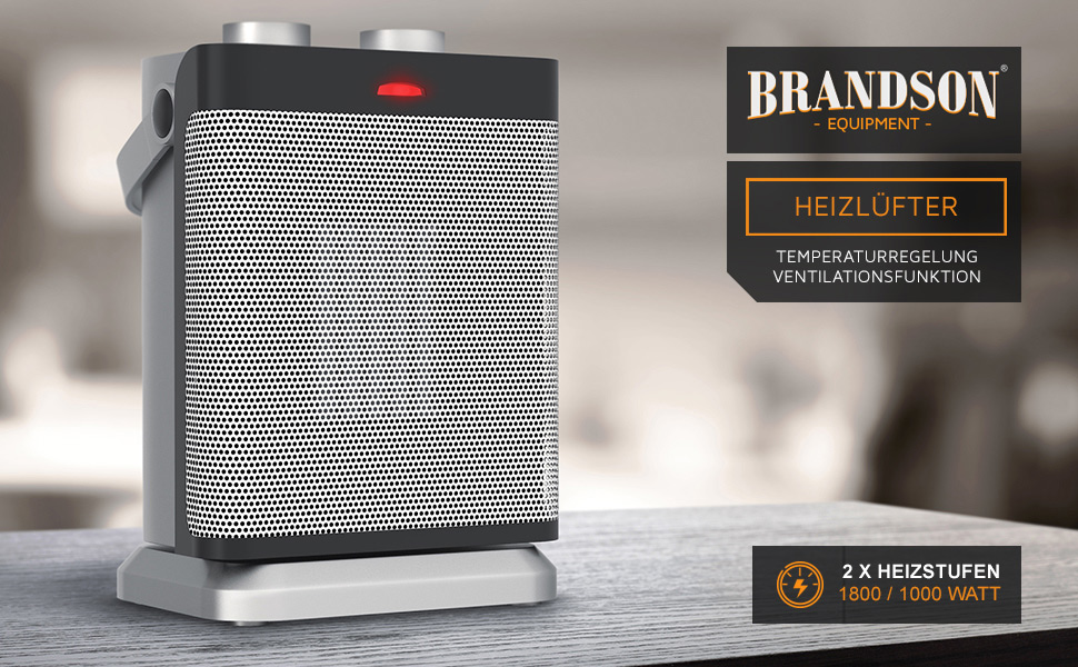 Електричний обігрівач Brandson з 2 рівнями потужності, регулюванням температури, функцією вентилятора, захистом від перегріву та обертанням | 1800 Вт, сертифікат GS, сірий та срібний колір
