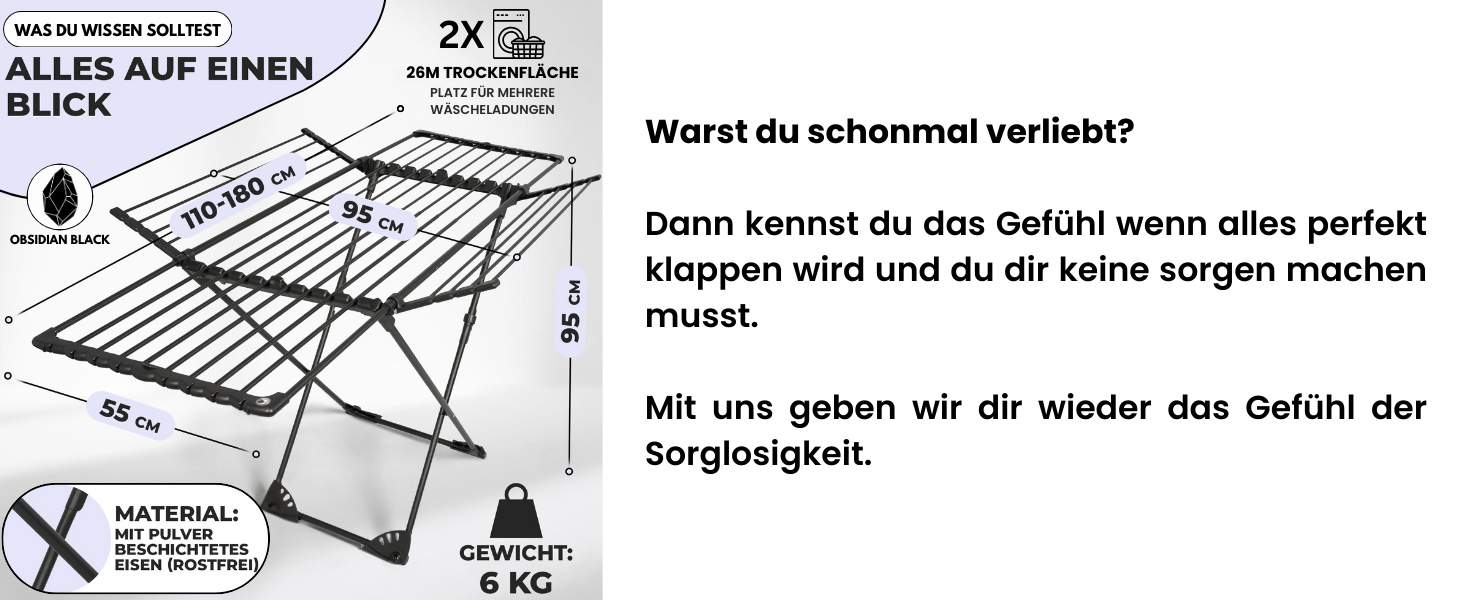 MONDHEIM® Сушарка для білизни XXL, 26 м довжини, чорна, знімний поперечина, для балкону/тераси