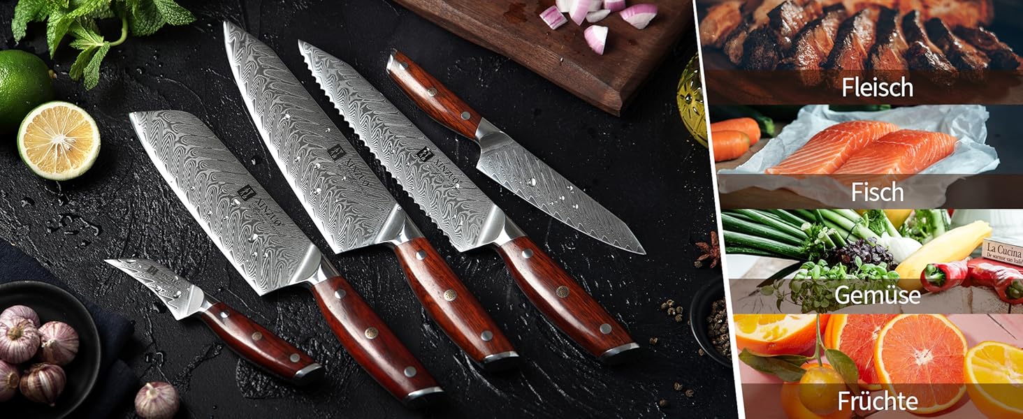XINZUO Кухонний ніж Дамаск, 21 см, Кіріцуке Шеф-ніж, професійний кований ніж, гостре лезо Gyuto, ергономічна ручка з рожевого дерева, захисна оболонка з липи, серія Yi (набір ножів 7 шт.)