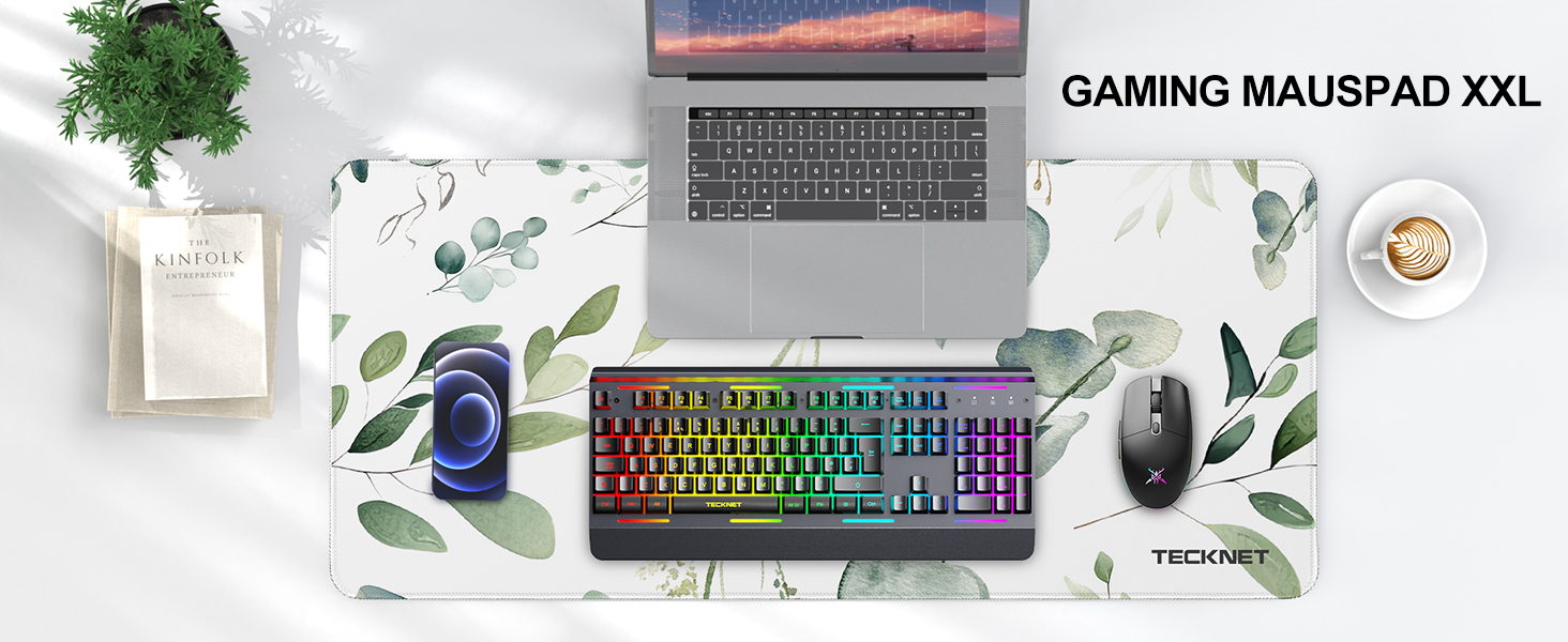 TECKNET XXL килимок для миші Speed Gaming, 900x400 мм, чорний, для геймерів, вологостійкий, з покращеною поверхнею для точності та швидкості, нековзна гумова основа