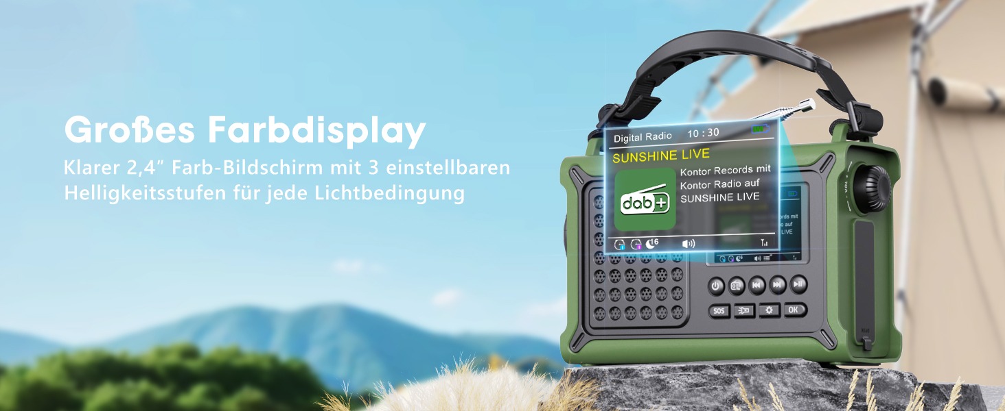 ROCAM Портативне радіо DAB+ з Bluetooth, 12000mAh, радіо з ручкою, сонячна панель 8500мм², 650mA, DAB/UKW, 2.4' дисплей, 80 станцій, LED ліхтарик, USB, SOS, IPX6, для надзвичайних ситуацій, зелене