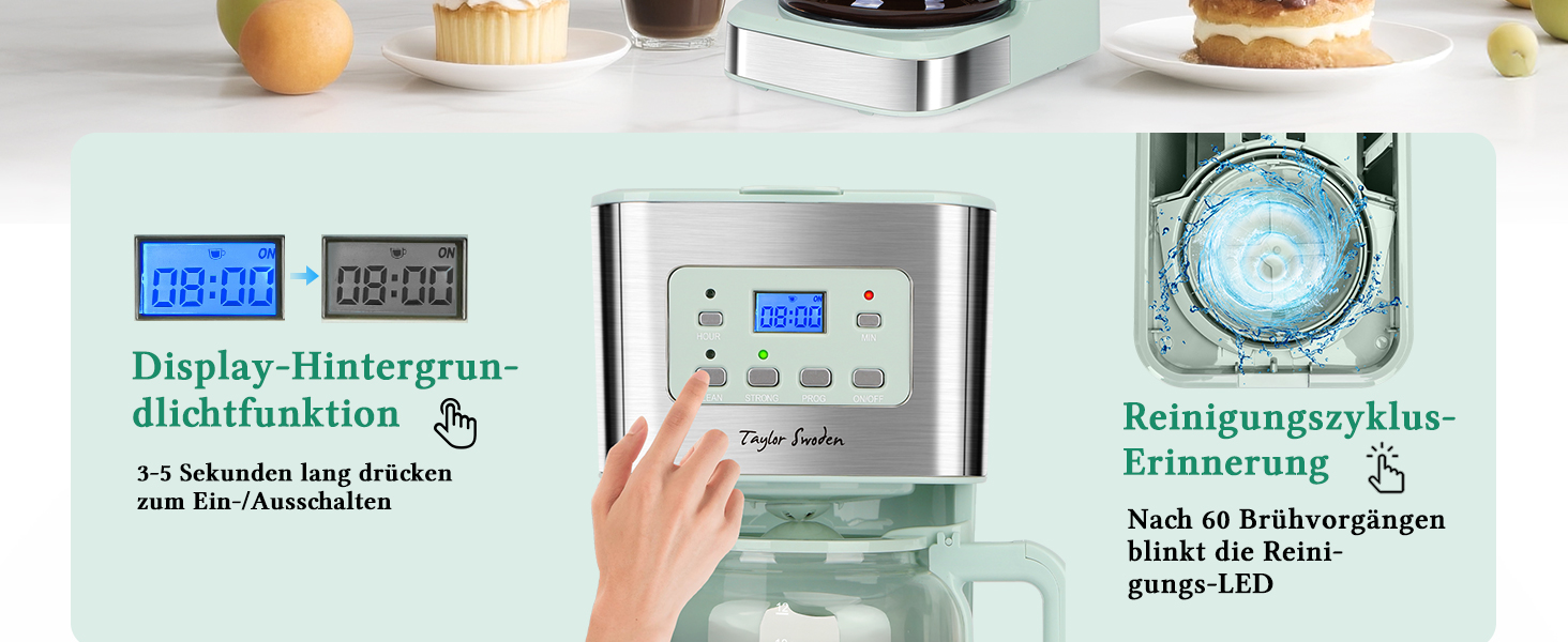 Кавомашина Taylor Swoden Darcy 950W з таймером, 1.5л, 12 чашок, автоматичне відключення, захист від протікання, багаторазовий фільтр, BPA-free, зелена