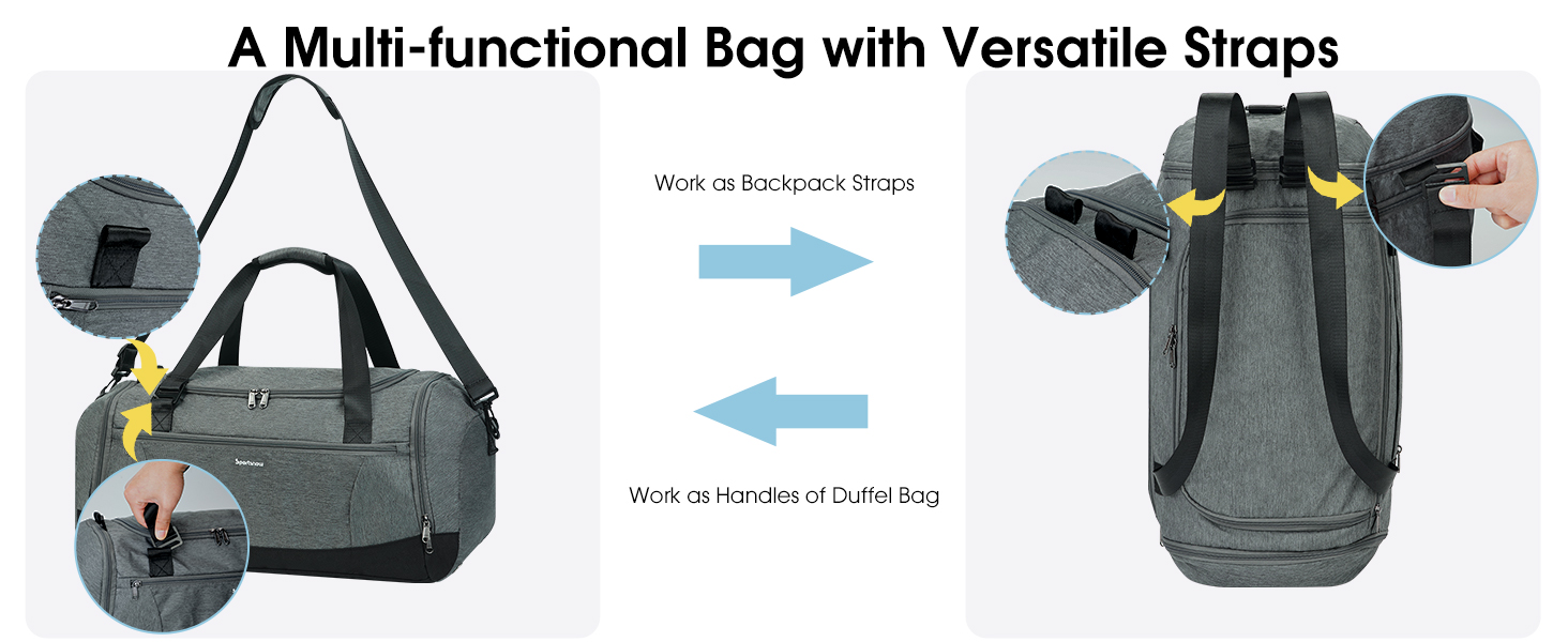 Sports Bag Backpack Duffle Bag for Men with Shoe Compartment & Wet Compartment and Toiletry Bag Weekender Bag Women's Gym Bag with Trolley Sleeve, Grey