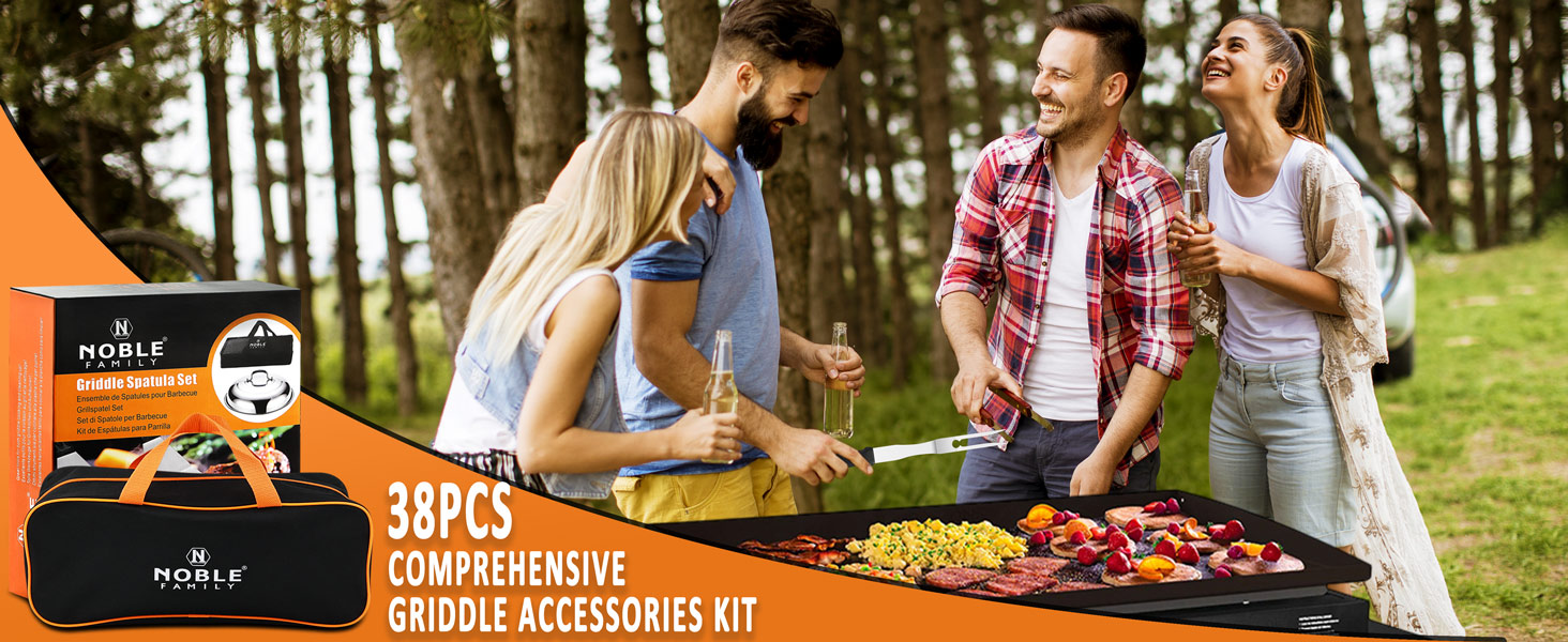Набір інструментів для гриля Noble Family 38шт: шпатель, щипці, прес для бургерів, сумка. З нержавіючої сталі. Прекрасний подарунок для чоловіків.