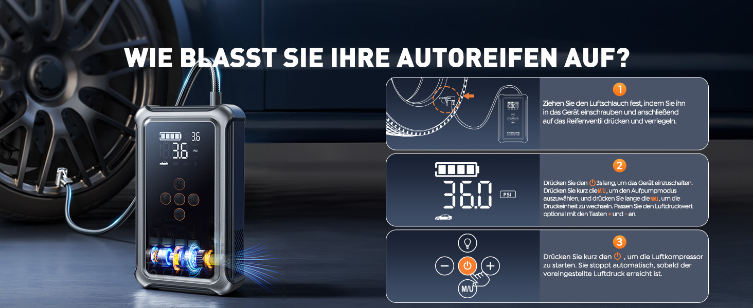 Powerbank Starthilfe 5000A з компресором 150PSI для автомобілів, 12V, бензин/дизель (10.0L), LED, USB-C