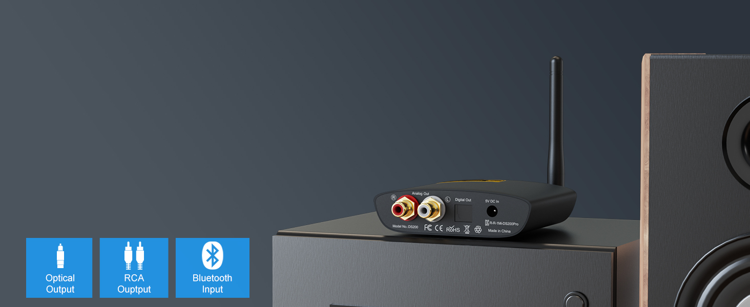 1Mii Bluetooth 5.3 HiFi Аудіоприймач для стереосистеми: Bluetooth адаптер з DAC (384kHz / 32bit), aptX HD, LDAC, оптичний/RCA вихід для AV ресивера або підсилювача (Чорний)