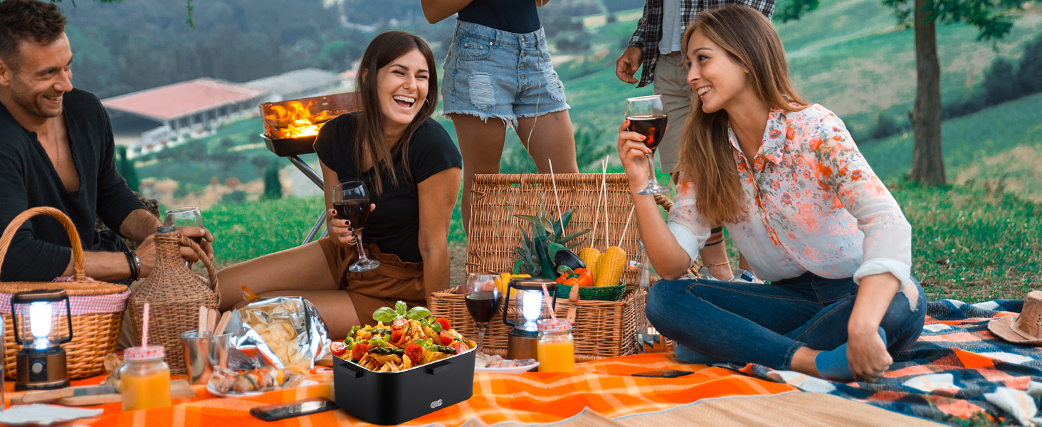 Електрична ланчбокс Kimfead з термоіндикатором, 1.8л, 80W, 12V/24V/230V, для авто/офісу, з сумкою та столовими приборами