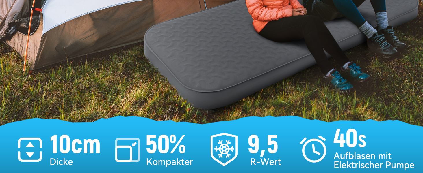 Каремат HIKENTURE самонадувний з вбудованим електронасосом, 10 см товщини, для кемпінгу, туризму та відпочинку на природі
