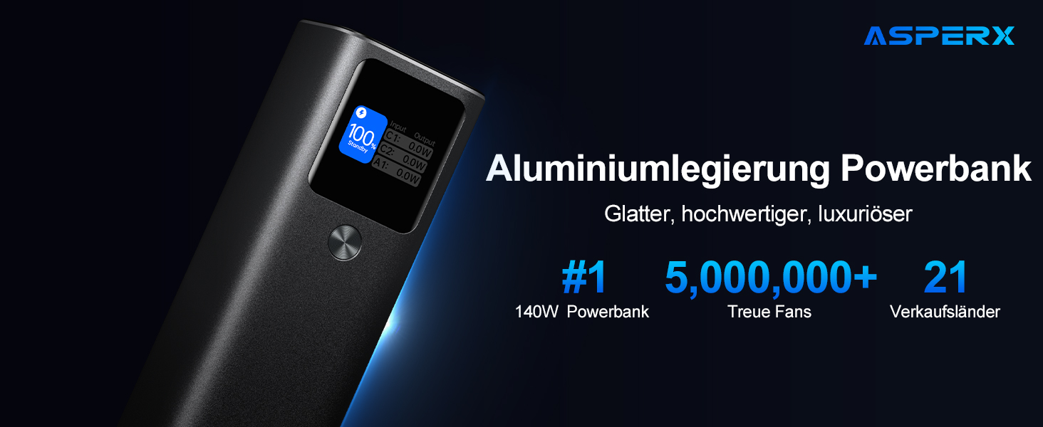 Power Bank AsperX 20000mAh, 165W, USB-C Кабель, для MacBook, Dell, HP, Lenovo, iPad, iPhone, Galaxy