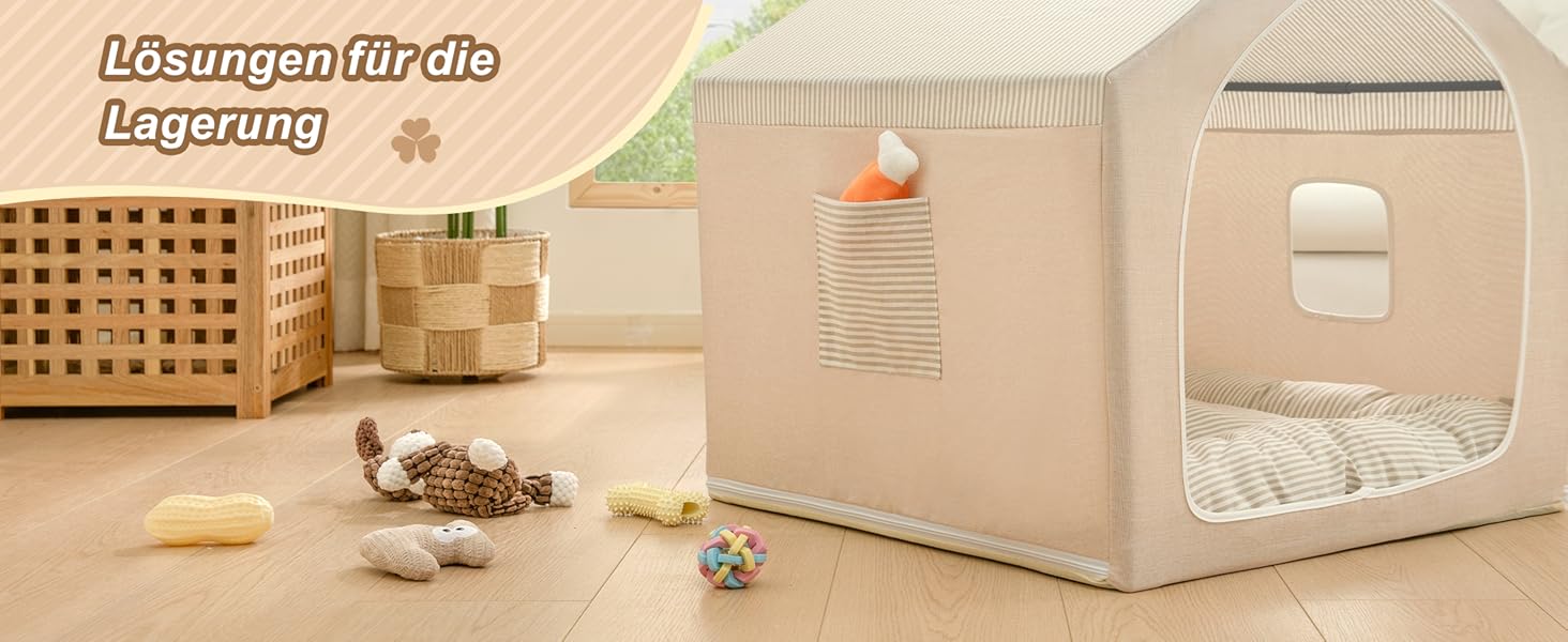 Washable Folding Dog Bed & Tent - Indoor Dog House for Small Dogs (4-9kg) - Beige
