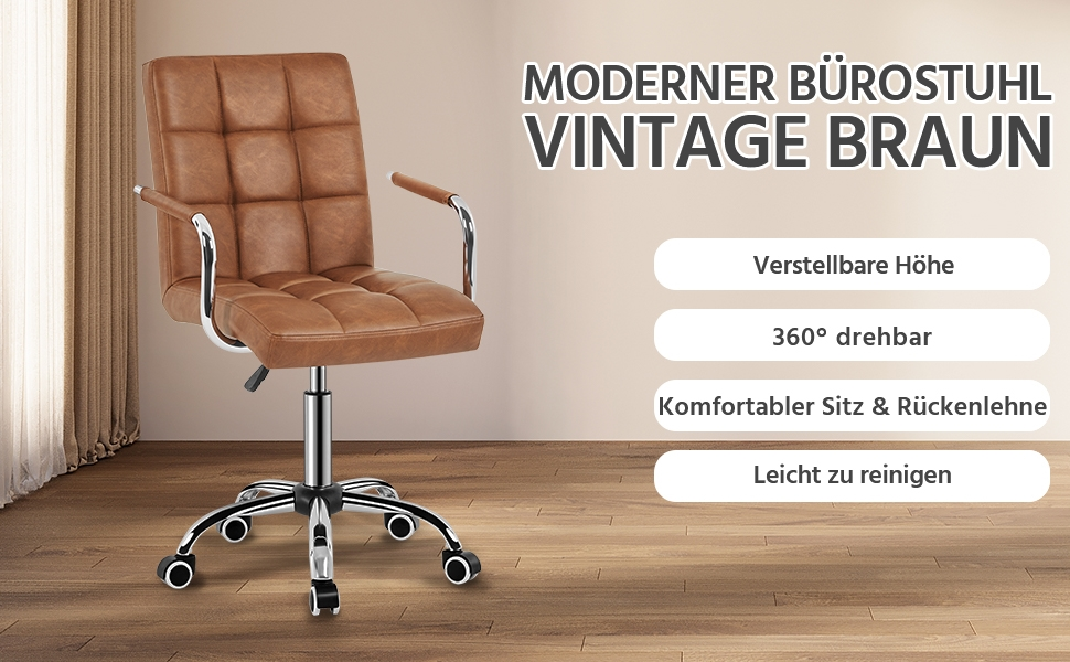 Офісне крісло Yaheetech з регулюванням висоти та знімними підлокітниками, з штучної шкіри (колір: коричневий ретро)