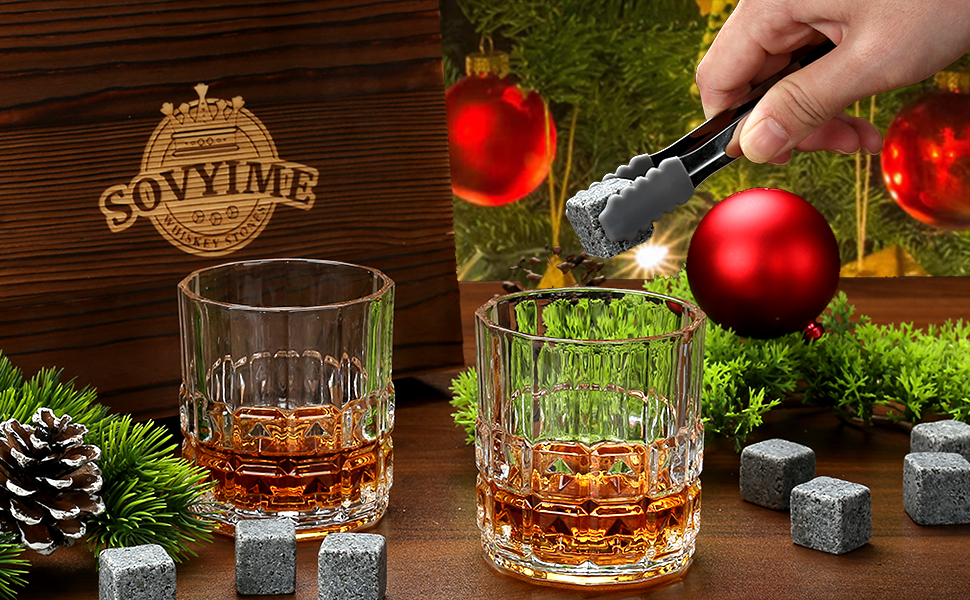 Склянки для віскі з гранітними кубиками льоду, 2 шт., дерев'яна подарункова коробка, 310 мл, з рельєфним візерунком