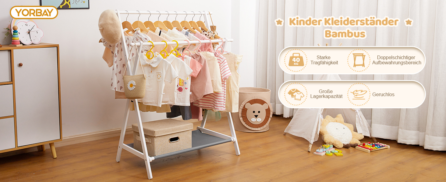 Дитяча вішалка для одягу Yorbay з бамбука, подвійна регульована штанга, полиці для зберігання, біла