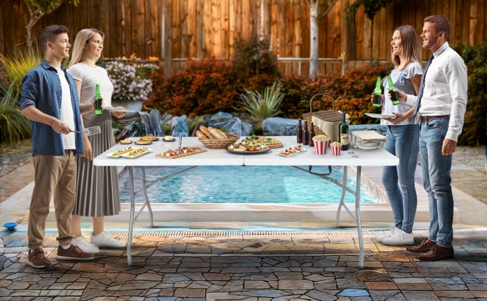 Складаний садовий стіл Arebos Buffettisch – 182 x 74 x 74 см, білий | для 8 осіб | з ручкою для перенесення | стіл для тераси, балкону та кемпінгу