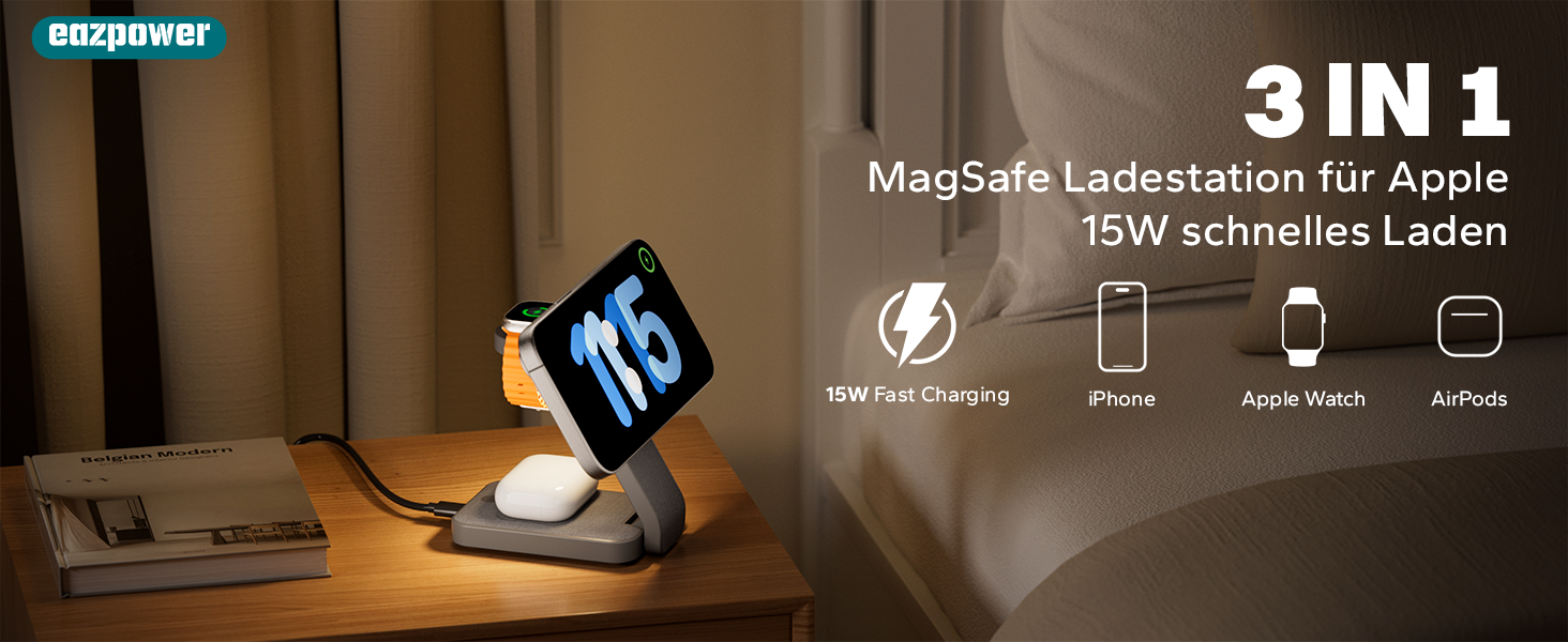 Сумка-органайзер для Apple Watch та iPhone з MagSafe, чорна: зарядка 3-в-1 для iPhone 17, 16, 15, 14, 13, 12 Pro Max