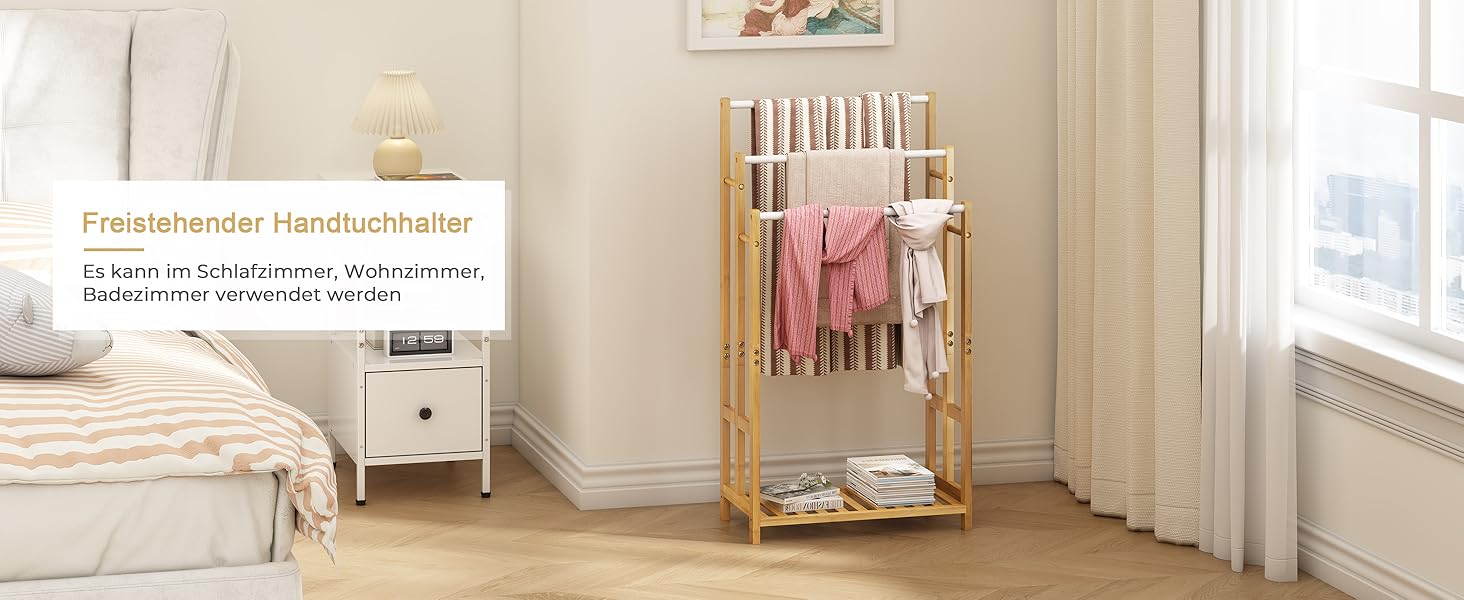 Підставка для рушників Dripex з бамбука, 96 см, з 3 нержавіючими стійками та полицею для ванної кімнати