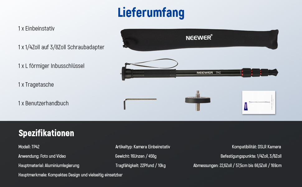 NEEWER Монопод 155 см для камери: легкий, портативний, з адаптерами 1/4' та 3/8' для DSLR та відеокамер, витримує до 8 кг