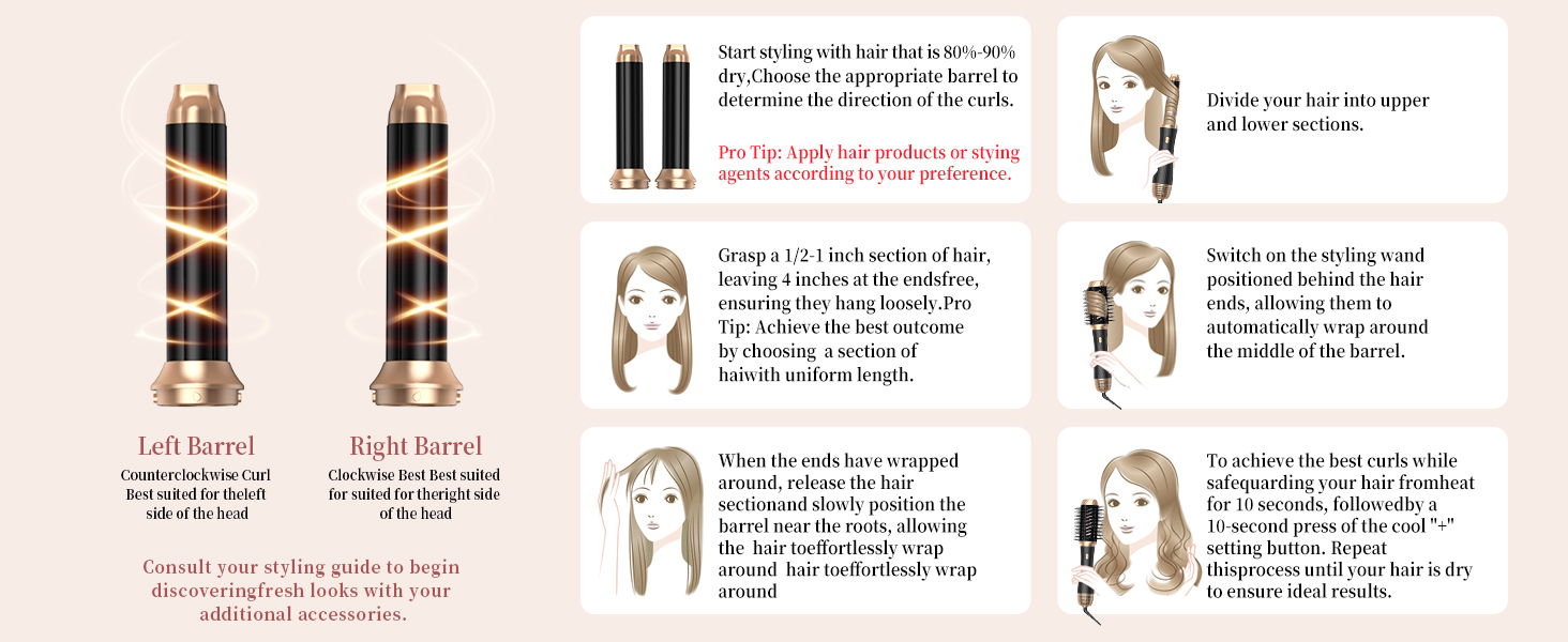 Набір для укладки волосся OKWRAP Airstyler 6 в 1: фен-щітка, автоматична завивка, об'ємні насадки, чорний/золотий