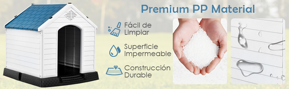 GYMAX Будка для собак на вулицю з похилим дахом та піднятим дном, пластикове собаче будиночок, вологостійка собача будка в стилі кантрі (Білий + Синій, 72,5 x 66 x 70,5 см)