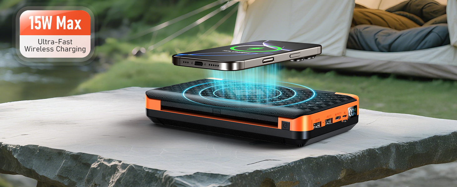 Портативний зарядний пристрій 63200mAh з сонячною панеллю: Power Bank з 3 сонячними панелями, 22.5W USB-C, швидка зарядка, SOS ліхтарик, цифровий дисплей, для кемпінгу, чорно-оранжевий