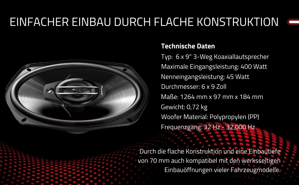 Автомобільна акустика Pioneer TS-G6930F 6x9 дюймів, 3-смугові коаксіальні динаміки, 400 Вт, комплект 2 шт., потужний звук, глибина монтажу 70 мм, з решіткою