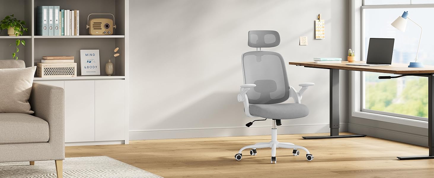 Офісний стілець WOLTU ергономічний з регульованою підголівником та підтримкою попереку, функцією гойдання, для офісу, 150 кг, світло-сірий