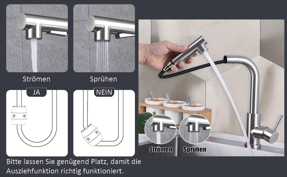 Висувний кран для кухні SEMANEY з двома режимами, поворотний на 360°, з донним виливом, однорегуляторний, матовий (для кухні)