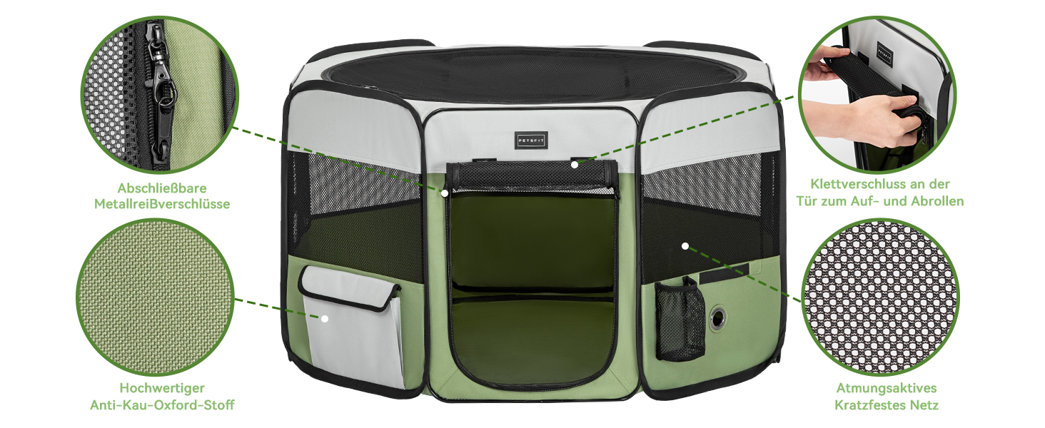PETSFIT Розкладний вольєр для цуценят та дрібних тварин, вольєр для собак, котів, сірий/зелений, 92x84x53 см