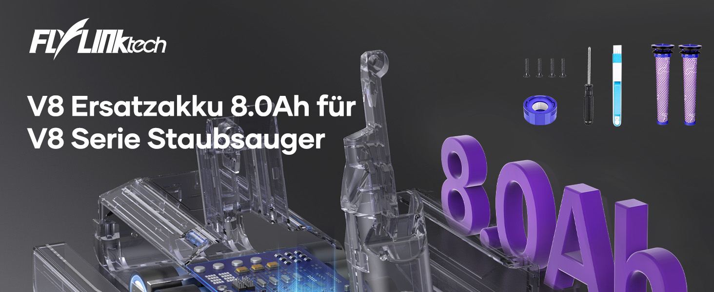 Акумулятор FLYLINKTECH V8 8.0Ah для пилососів Dyson V8 Absolute/Animal/Fluffy/Motorhead SV10 з 2+1 фільтрами та 4 шурупами