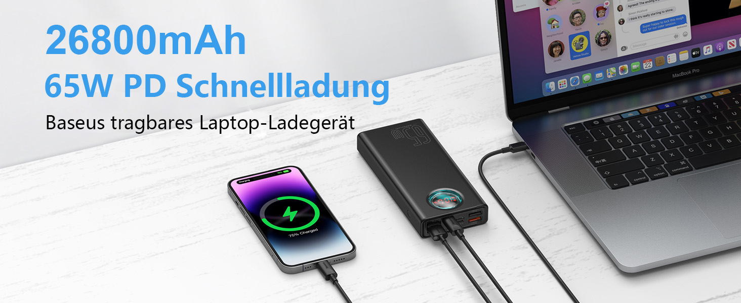 Power Bank Baseus 65W 26800mAh з 5 виходами, LED-дисплеєм, USB-C, PD, QC4.0 - для ноутбуків, iPhone, Galaxy, Steam Deck