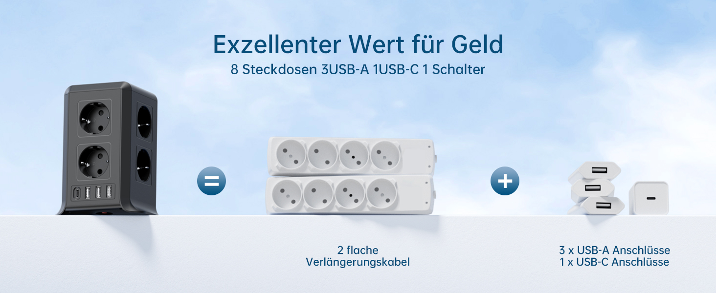 Багаторозкладна мережева панель Sameriver 8-fach з вимикачем, 4 USB, захист від перенапруги, 2м кабель, чорний