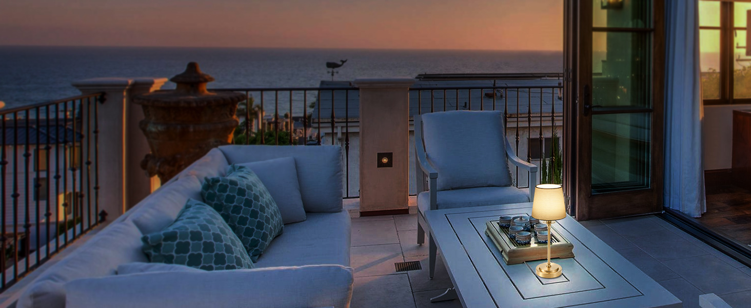 Акумуляторна настільна лампа: портативна, бездротова з регулюванням яскравості, для дому та саду, абажур з льону, античне біле металу, RGB синій абажур