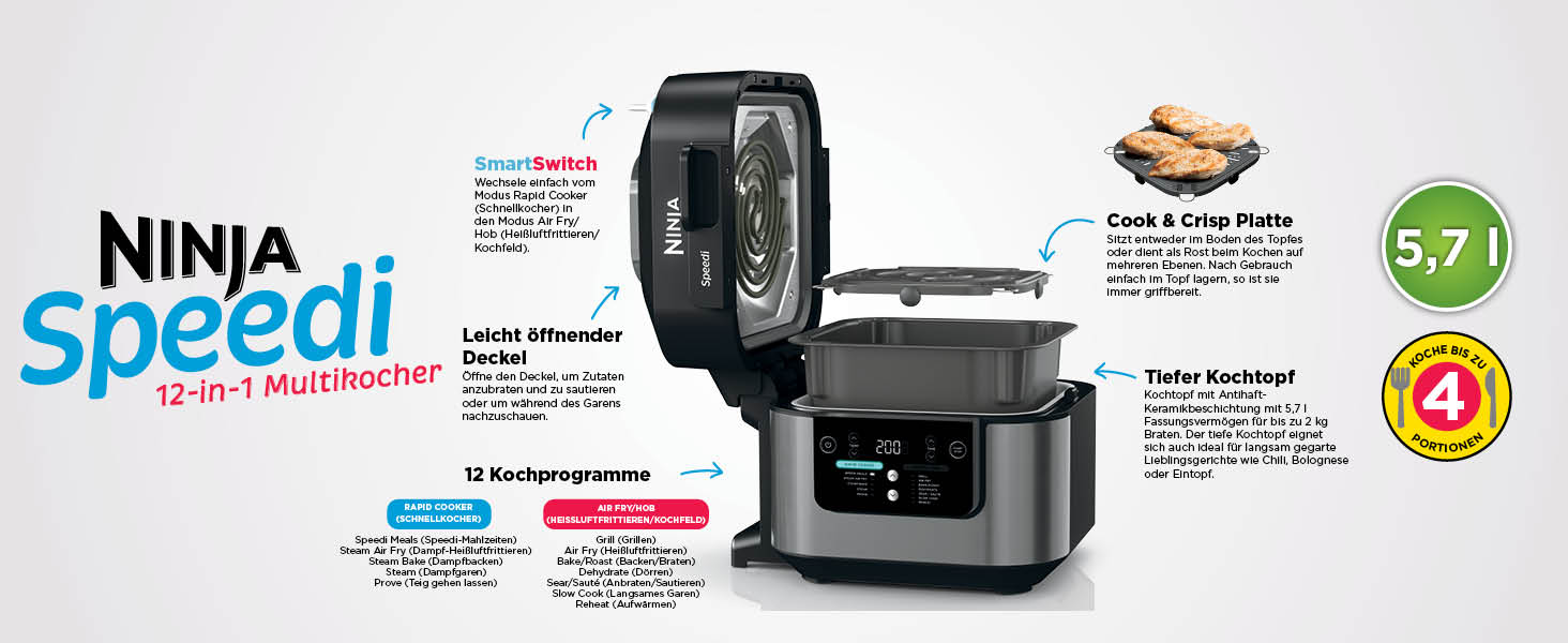 Мультиварка Ninja Speedi 5.7л 12-в-1: Мультикукер, Фритюрниця, Гриль, Slow Cooker, Духовка - Чорний ON500EU