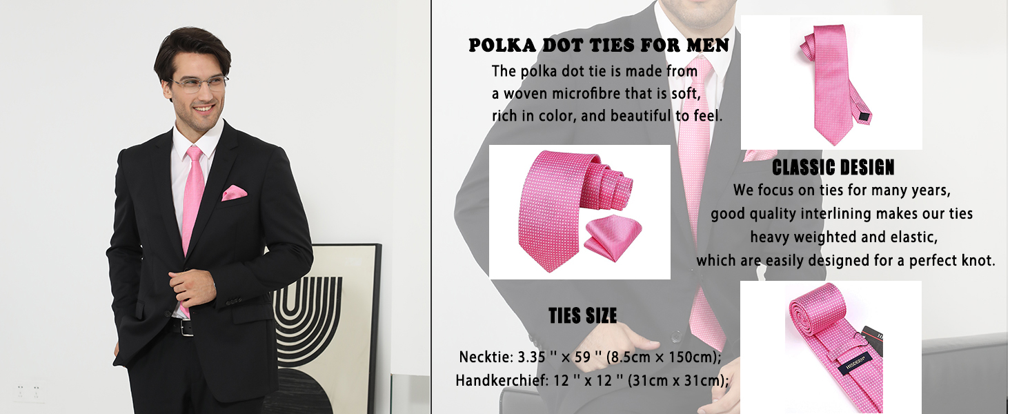 Чоловіча краватка HISDERN з кишеньковим хустинкою в горошок. Класичний стиль для весілля, ділових зустрічей. Чорно-білий комплект, універсальний розмір.