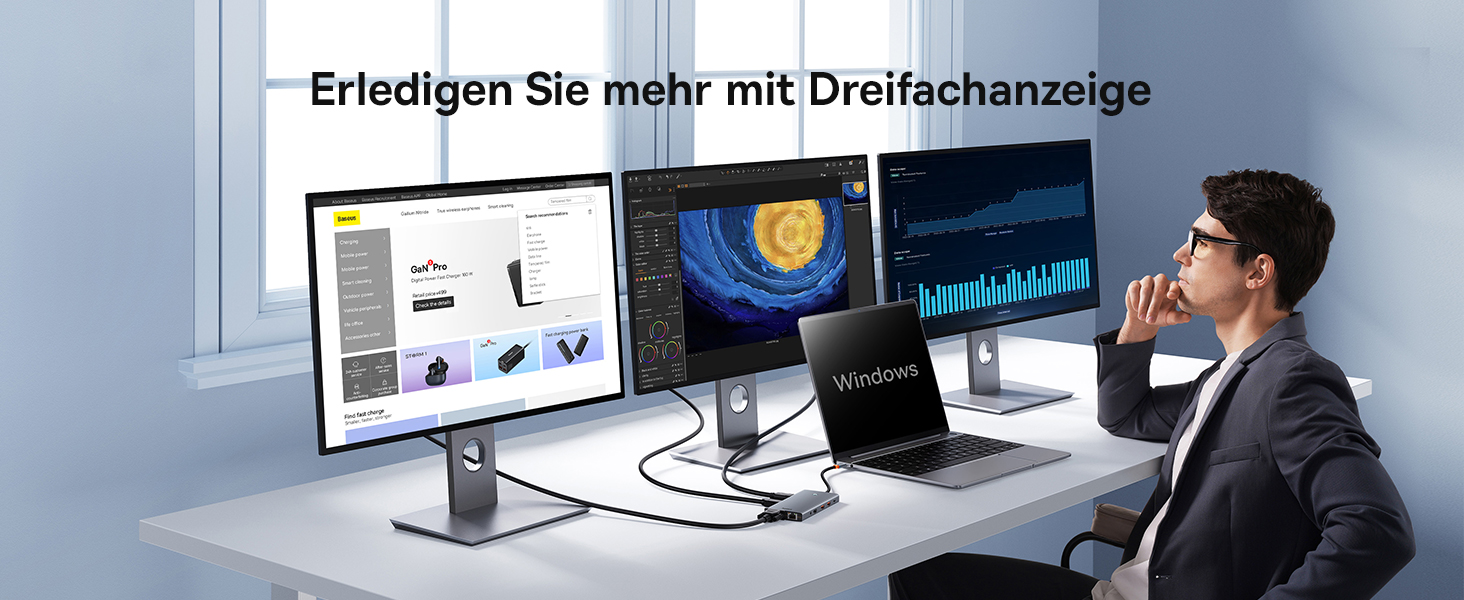 Док-станція Baseus USB-C для 3 моніторів: 13-в-1 хаб з HDMI 4K@60Hz, DisplayPort 4K@120Hz, VGA, USB 3.1 10 Gbps, PD 100W та Ethernet (сумісна з Dell/HP/Lenovo/Surface)