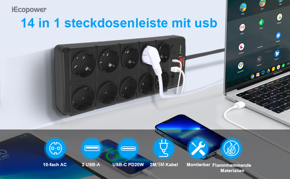 Многорозетка IECOPOWER з USB (PD 20W), захистом від перенапруги, 4000W/16A, 1050 Дж, 2 м, з вимикачем, чорна