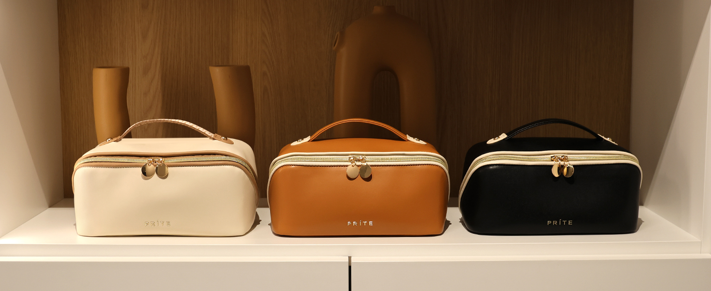 Косметичка велика містка для подорожей, водонепроникна з PU-шкіри, з прозорими перегородками та ручкою, бежева