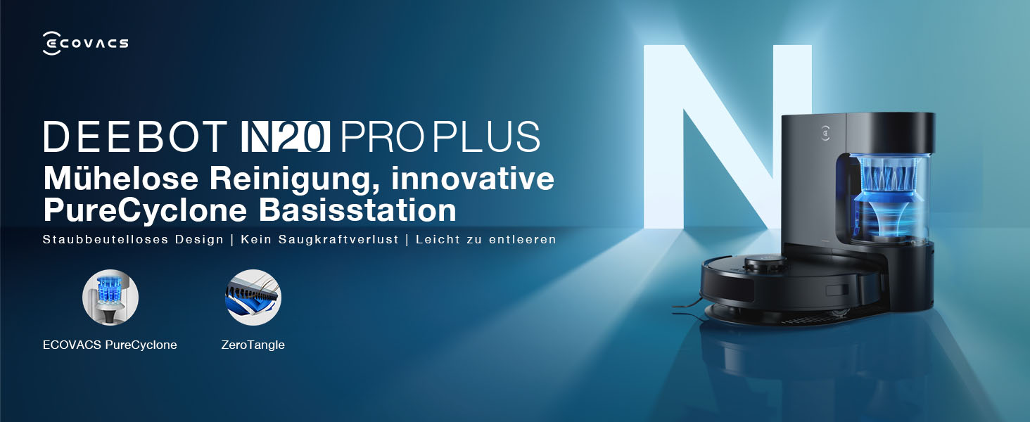 Робот-пилосос ECOVACS DEEBOT N20 Pro Plus: потужність 8000Pa, функція миття, бездротова станція PureCyclone, захист від заплутування волосся, до 300 хвилин роботи, білий/чорний