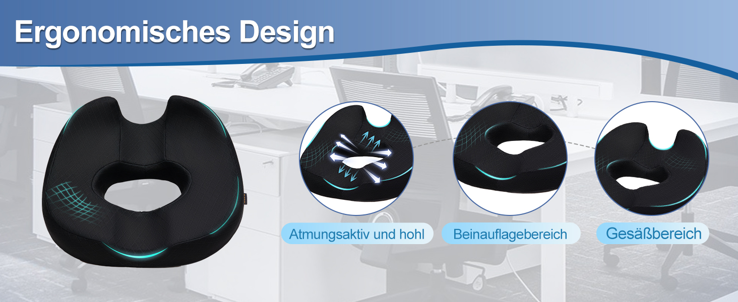 Ортопедична подушка для сидіння (кільце) для геморою та куприкового болю, подушка у формі пончика, Memory Foam, чорна, стандартна