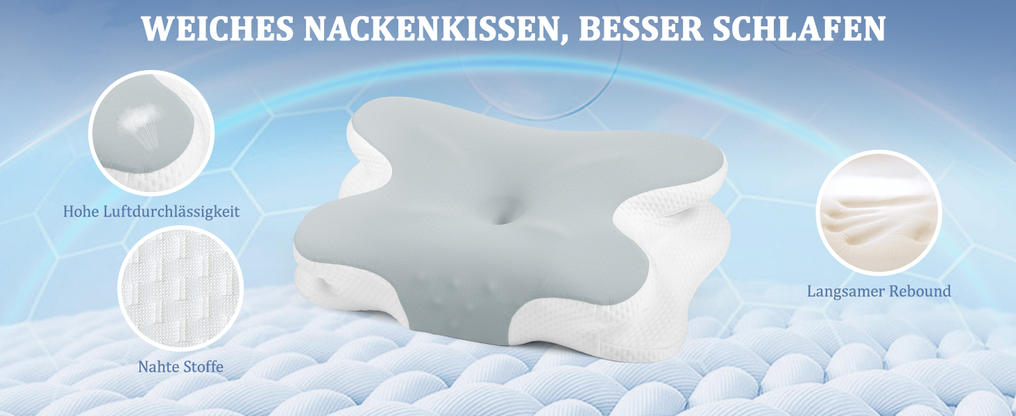 Ортопедична подушка для шиї з Memory Foam - для сну на боці, спині та животі з покриттям з льонової тканини (сіра)