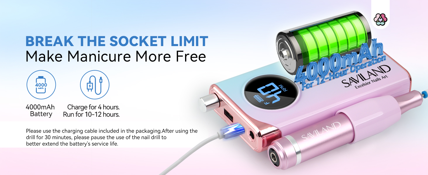 Електрична фрезер для нігтів Saviland 40000 об/хв, 12 в 1, професійний манікюр/педикюр, 4000mAh, USB, портативна, з набором фрезерних насадок, градієнтний колір