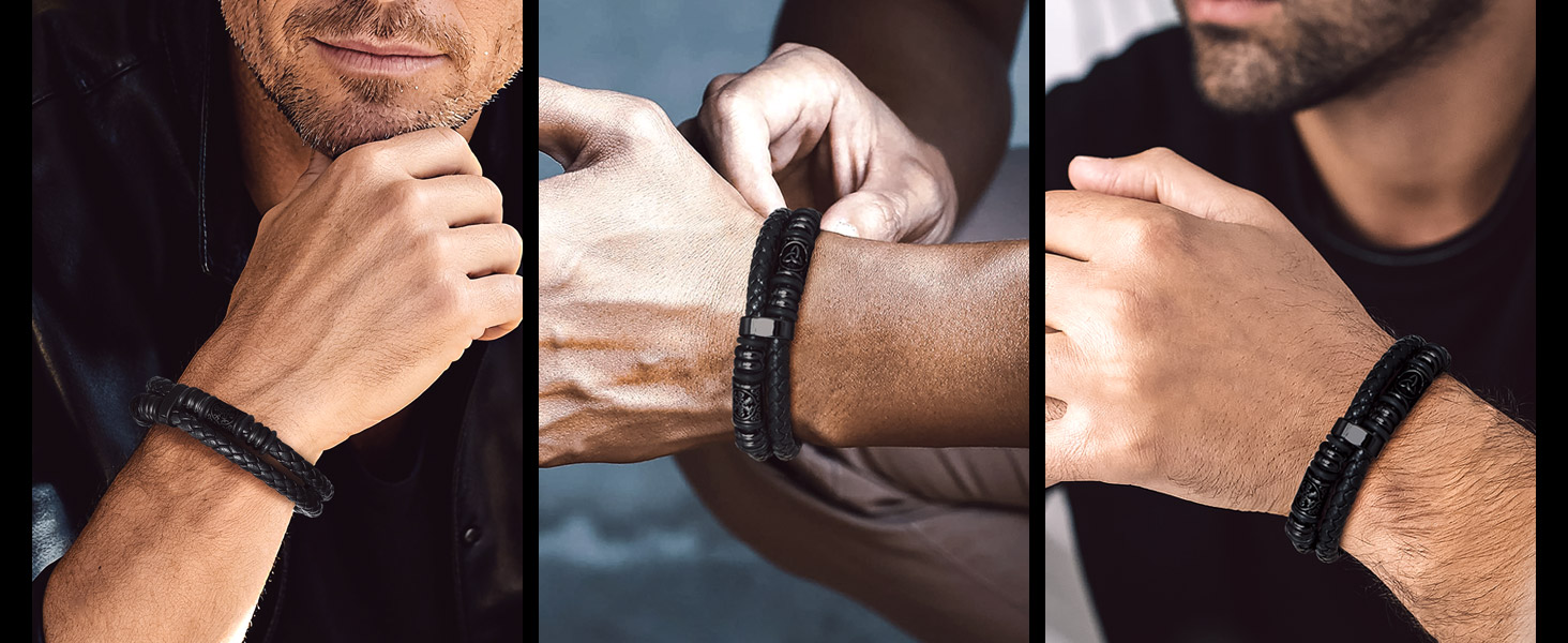 Чоловічий шкіряний браслет Bandmax з плетінням, чорний. Магнітна застібка, регульована довжина 19/21/23 см. Аксесуар для чоловіків у стилі вікінг.