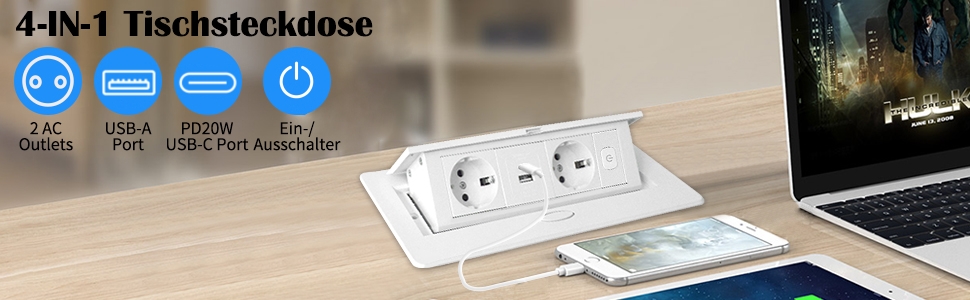 Вбудована розетка PD20W USB-C з швидкою зарядкою для столу, біла (20W, Type-C)