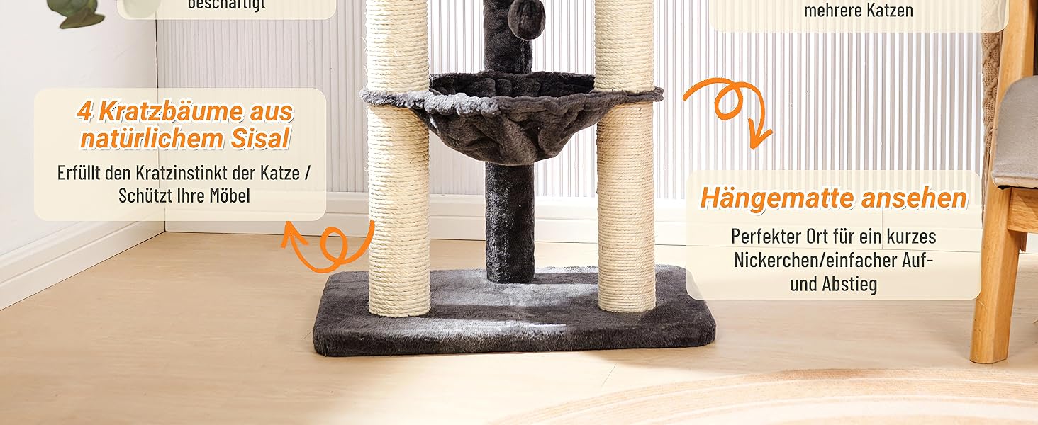 Дерево для котів Happi N Pets 71 см з лежаком та гамаком, сірий. Міцний котячий комплекс з сизалю та м'якою лежанкою.