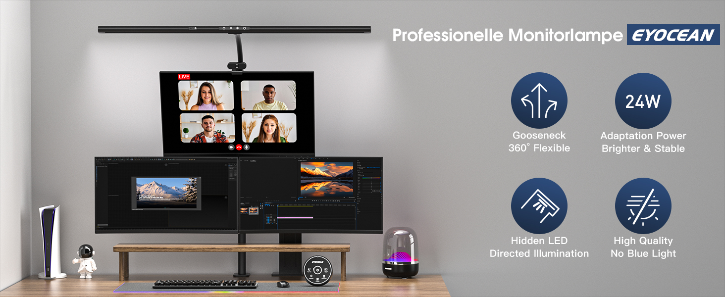 LED лампа настільна EYOCEAN 24W, 80 см, з керуванням жестами, регульоване денне світло, захист очей, для офісу, читання, архітекторів, дизайнерів, матовий чорний