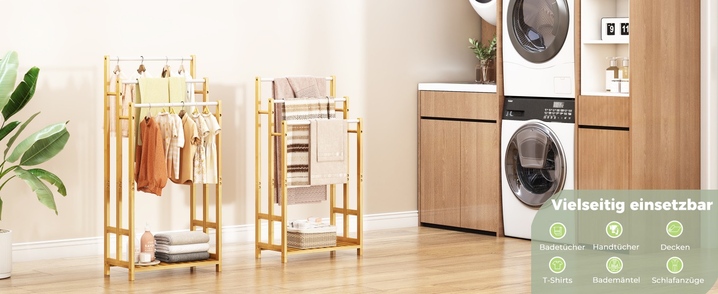 Підставка для рушників Dripex з бамбука, 96 см, з 3 нержавіючими стійками та полицею для ванної кімнати