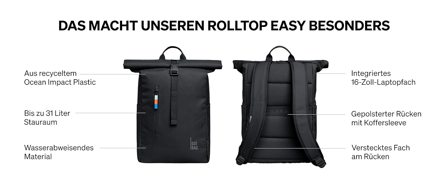 Рюкзак GOT BAG Rolltop Easy з океанічного пластику, водовідштовхувальний, для ноутбука 16'', 31 л