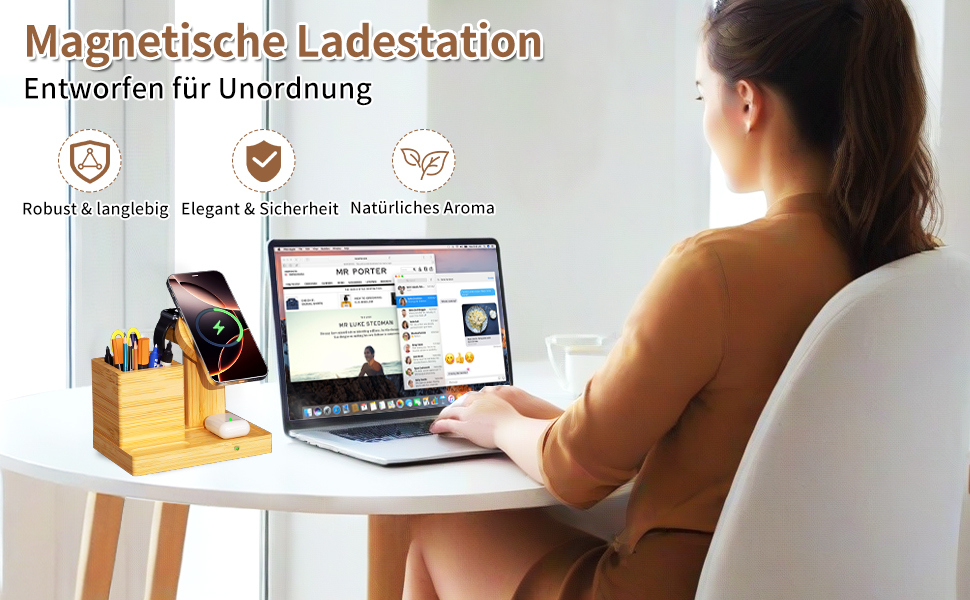 Багатофункціональна бамбукова зарядка 5-в-1 з LED-годинником та нічником. Підходить для Apple Watch, AirPods, Samsung Galaxy та інших пристроїв.